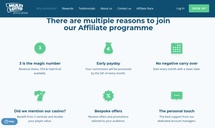 MultiLotto Affiliates website landing page