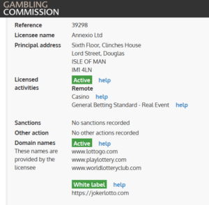 LottoGo parent company Annexio Ltd's license records from the UK Gambling Commission
