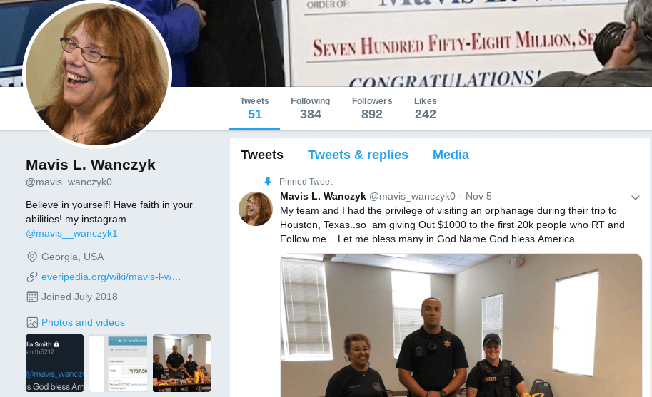 Fake Mavis Wanczyk Twitter Instagram Facebook accounts