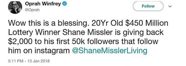 Shane Missler Oprah tweet instagram