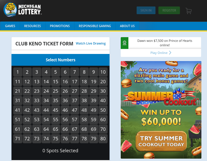 Michigan Lottery Club Keno online play