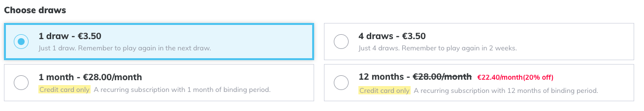 Draw pricing options