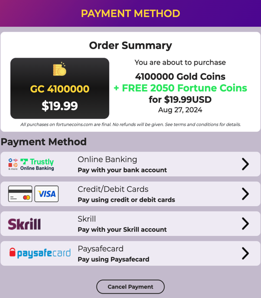 Fortune Coins payments