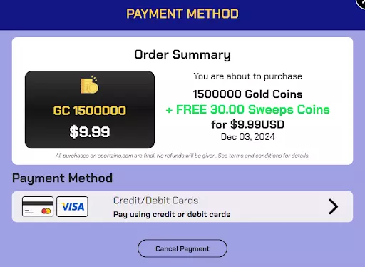 Sportzino Casino payment methods