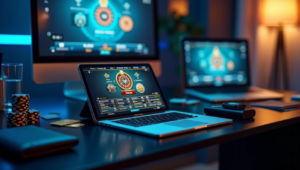 Tablet and laptop displaying online casino games with poker chips and credit cards on a desk in a cozy room.